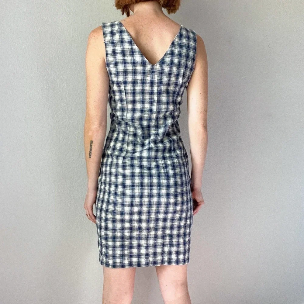 Vintage 1990s Blue Plaid Button Up Sleeveless Fitted Mini Dress - Picture 4 of 5